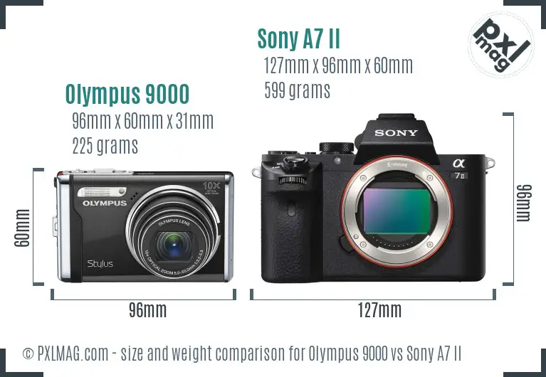 Olympus 9000 vs Sony A7 II size comparison