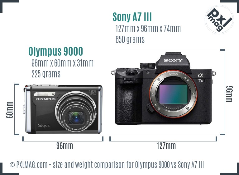 Olympus 9000 vs Sony A7 III size comparison