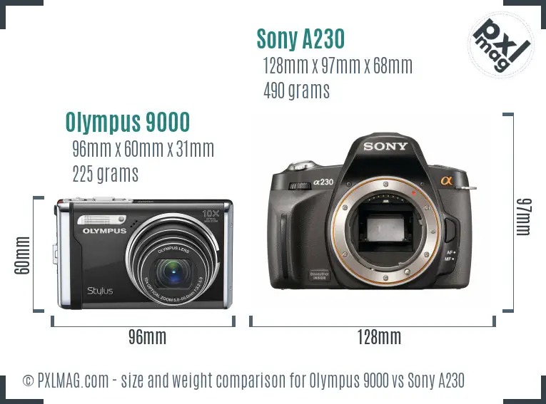 Olympus 9000 vs Sony A230 size comparison
