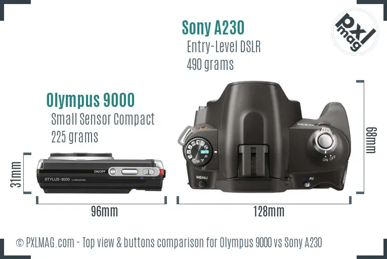 Olympus 9000 vs Sony A230 top view buttons comparison