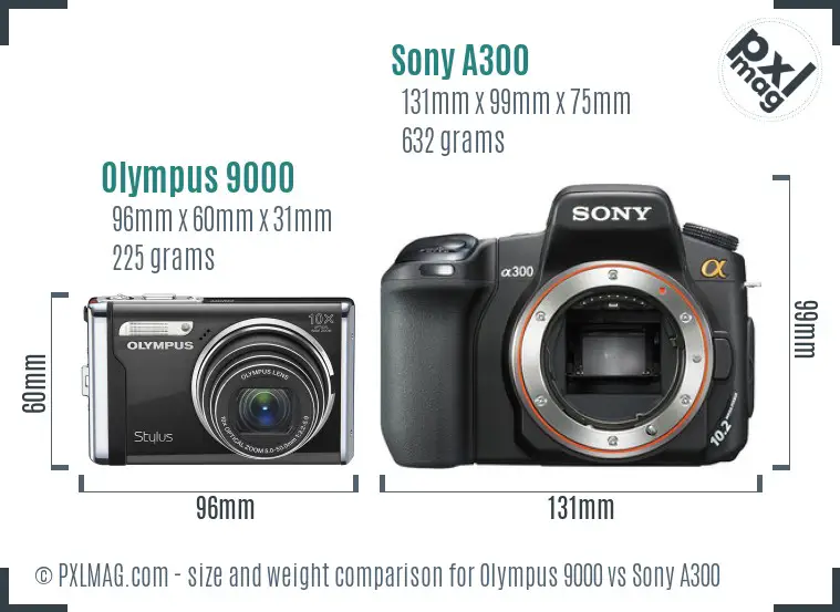 Olympus 9000 vs Sony A300 size comparison