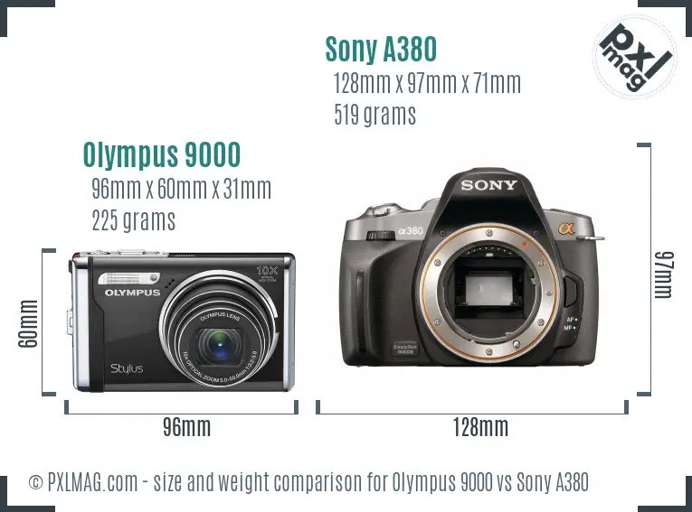 Olympus 9000 vs Sony A380 size comparison