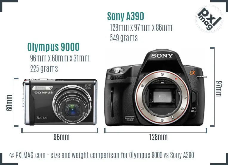 Olympus 9000 vs Sony A390 size comparison