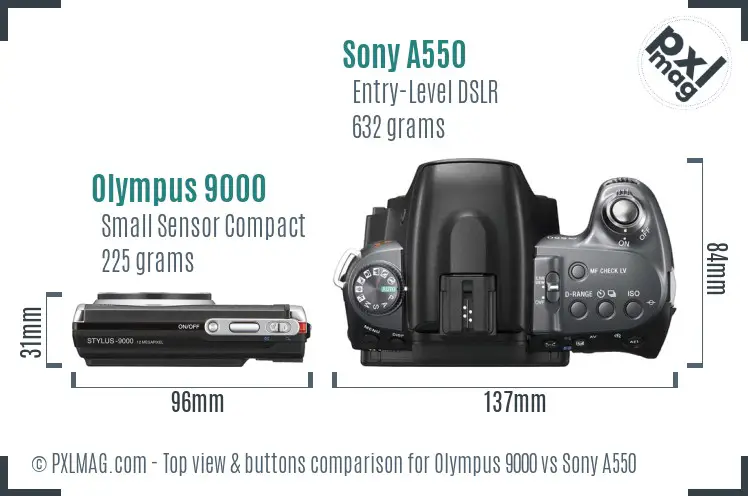 Olympus 9000 vs Sony A550 top view buttons comparison