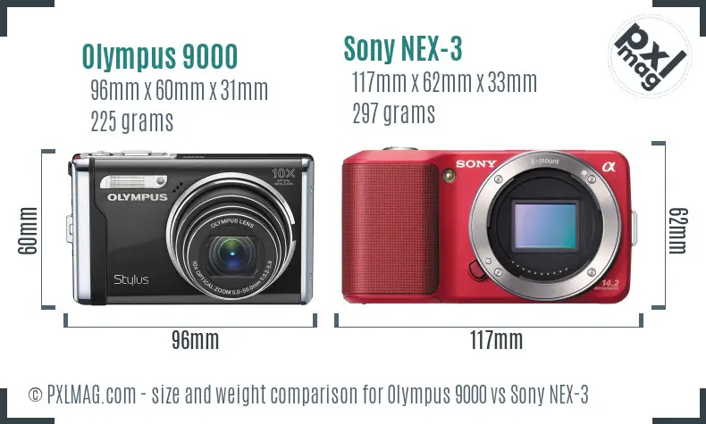 Olympus 9000 vs Sony NEX-3 size comparison