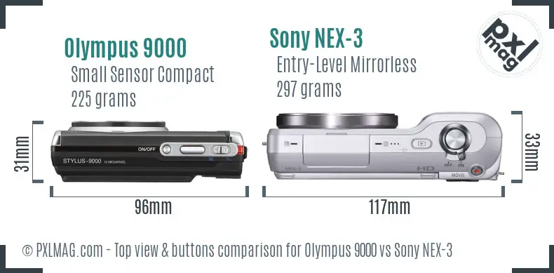 Olympus 9000 vs Sony NEX-3 top view buttons comparison