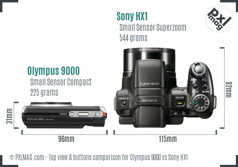 Olympus 9000 vs Sony HX1 top view buttons comparison