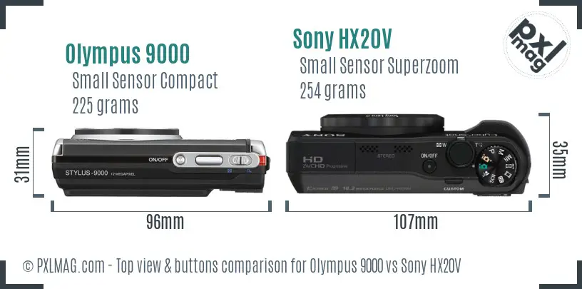 Olympus 9000 vs Sony HX20V top view buttons comparison