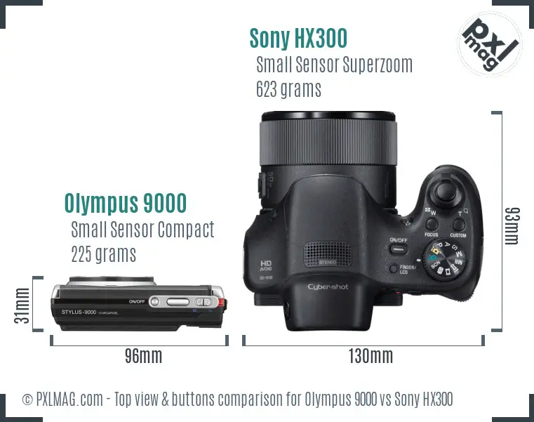 Olympus 9000 vs Sony HX300 top view buttons comparison