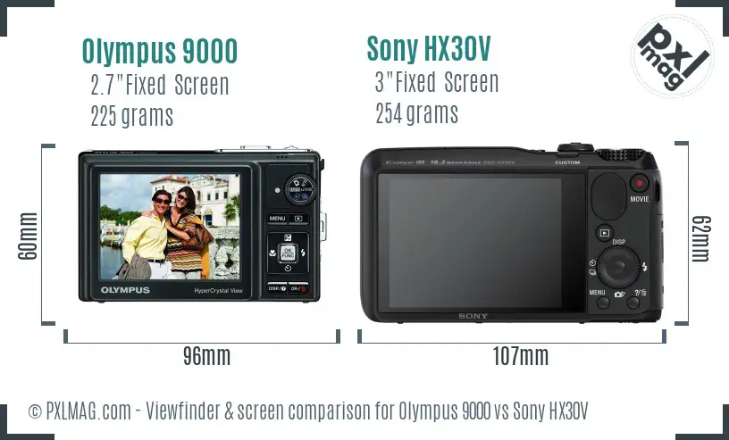 Olympus 9000 vs Sony HX30V Screen and Viewfinder comparison