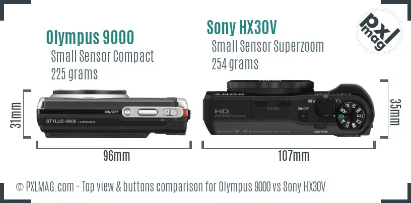Olympus 9000 vs Sony HX30V top view buttons comparison