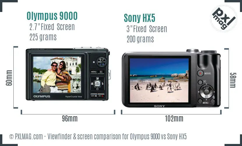 Olympus 9000 vs Sony HX5 Screen and Viewfinder comparison