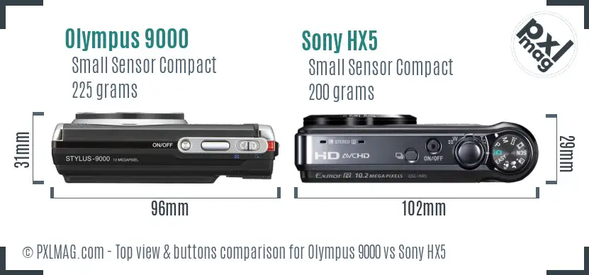 Olympus 9000 vs Sony HX5 top view buttons comparison