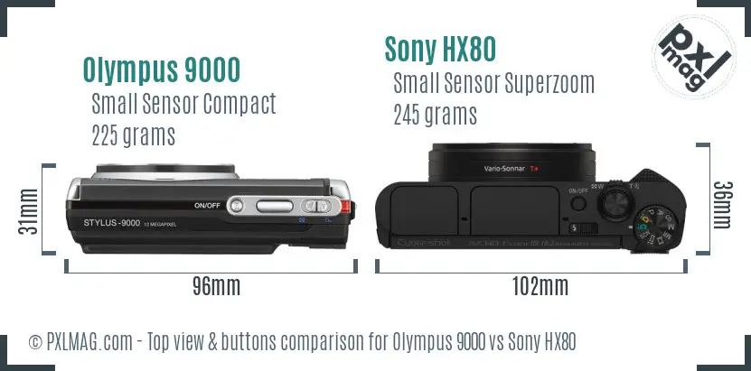 Olympus 9000 vs Sony HX80 top view buttons comparison