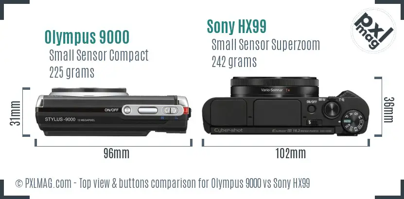 Olympus 9000 vs Sony HX99 top view buttons comparison