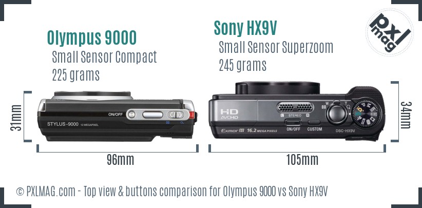 Olympus 9000 vs Sony HX9V top view buttons comparison