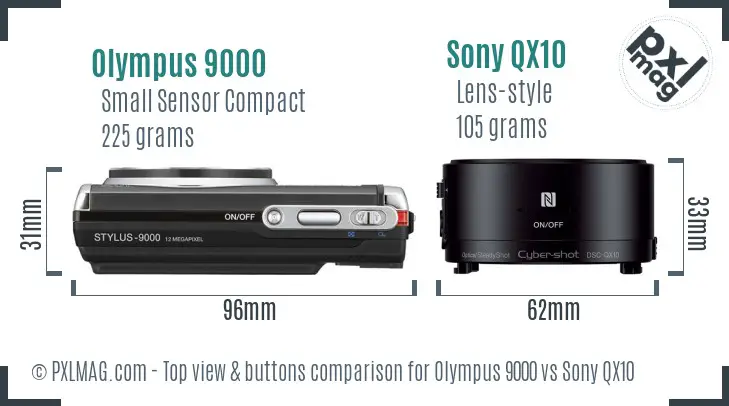 Olympus 9000 vs Sony QX10 top view buttons comparison Olympus 9000 vs Sony QX10 top view buttons comparison