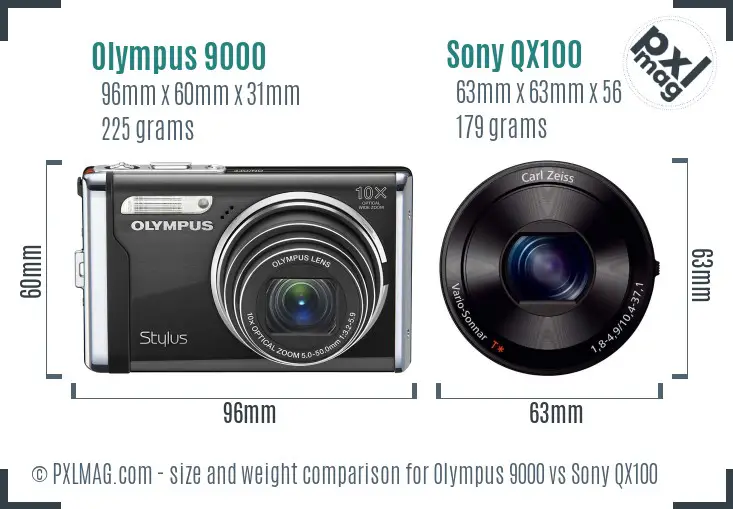 Olympus 9000 vs Sony QX100 size comparison