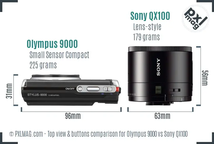 Olympus 9000 vs Sony QX100 top view buttons comparison