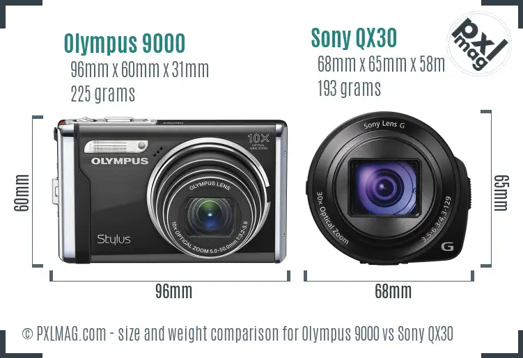 Olympus 9000 vs Sony QX30 size comparison
