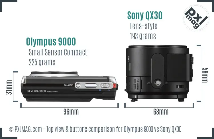 Olympus 9000 vs Sony QX30 top view buttons comparison