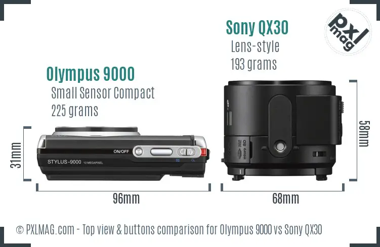 Olympus 9000 vs Sony QX30 top view buttons comparison Olympus 9000 vs Sony QX30 top view buttons comparison