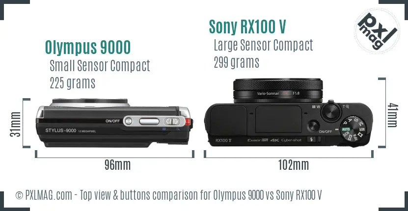 Olympus 9000 vs Sony RX100 V top view buttons comparison