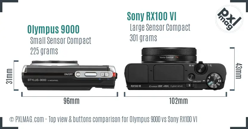 Olympus 9000 vs Sony RX100 VI top view buttons comparison Olympus 9000 vs Sony RX100 VI top view buttons comparison