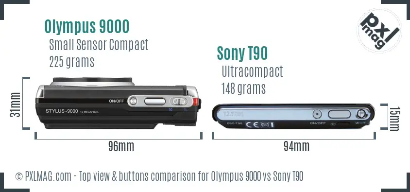 Olympus 9000 vs Sony T90 top view buttons comparison