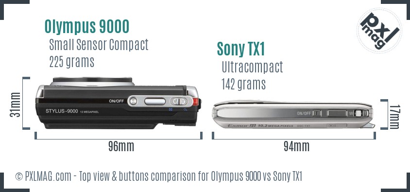 Olympus 9000 vs Sony TX1 top view buttons comparison