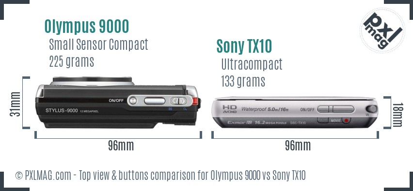 Olympus 9000 vs Sony TX10 top view buttons comparison