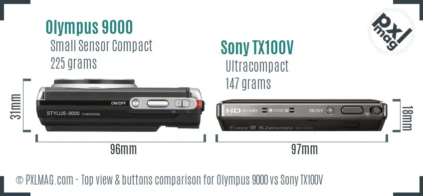 Olympus 9000 vs Sony TX100V top view buttons comparison