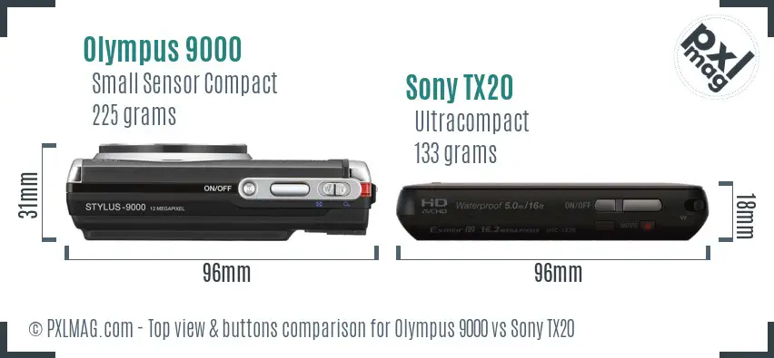 Olympus 9000 vs Sony TX20 top view buttons comparison