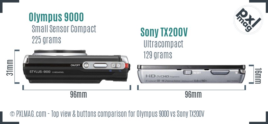 Olympus 9000 vs Sony TX200V top view buttons comparison