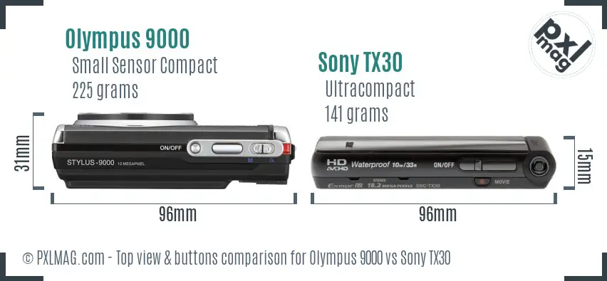 Olympus 9000 vs Sony TX30 top view buttons comparison