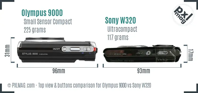 Olympus 9000 vs Sony W320 top view buttons comparison