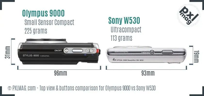 Olympus 9000 vs Sony W530 top view buttons comparison