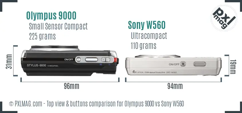 Olympus 9000 vs Sony W560 top view buttons comparison