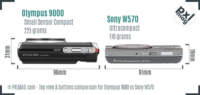 Olympus 9000 vs Sony W570 top view buttons comparison Olympus 9000 vs Sony W570 top view buttons comparison
