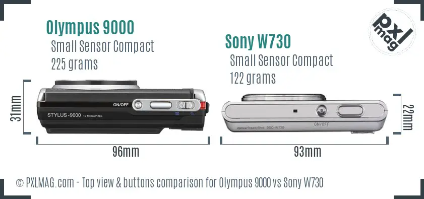 Olympus 9000 vs Sony W730 top view buttons comparison