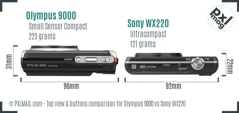 Olympus 9000 vs Sony WX220 top view buttons comparison