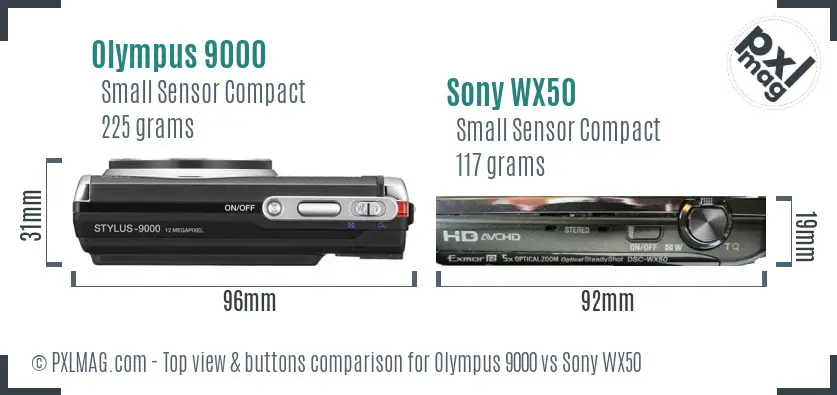 Olympus 9000 vs Sony WX50 top view buttons comparison