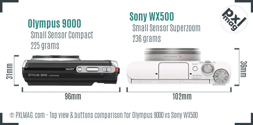 Olympus 9000 vs Sony WX500 top view buttons comparison