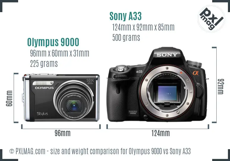 Olympus 9000 vs Sony A33 size comparison