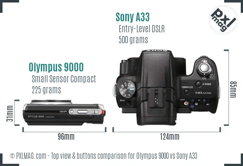 Olympus 9000 vs Sony A33 top view buttons comparison