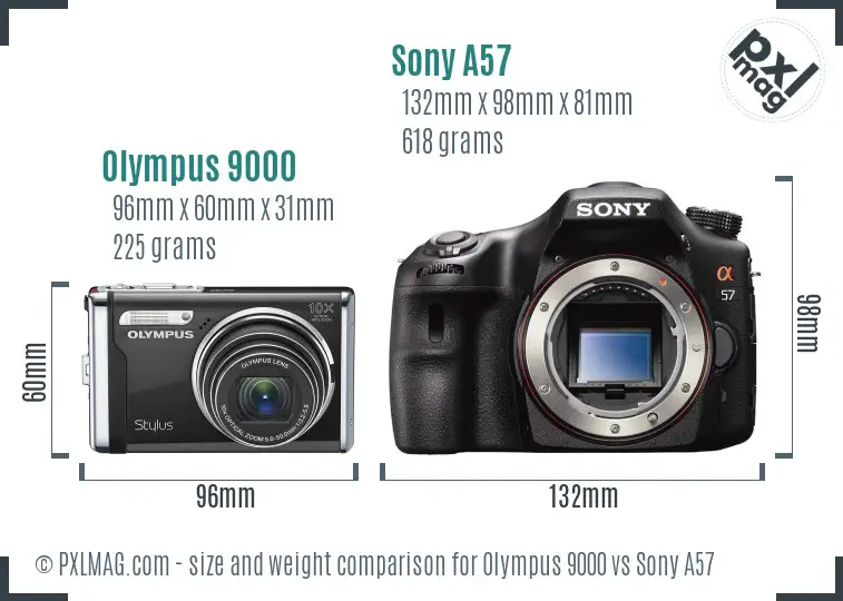 Olympus 9000 vs Sony A57 size comparison
