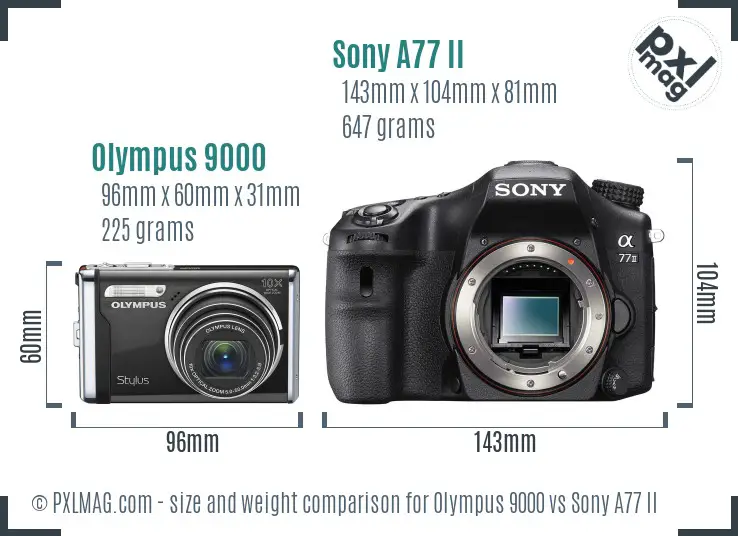 Olympus 9000 vs Sony A77 II size comparison