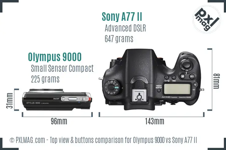 Olympus 9000 vs Sony A77 II top view buttons comparison