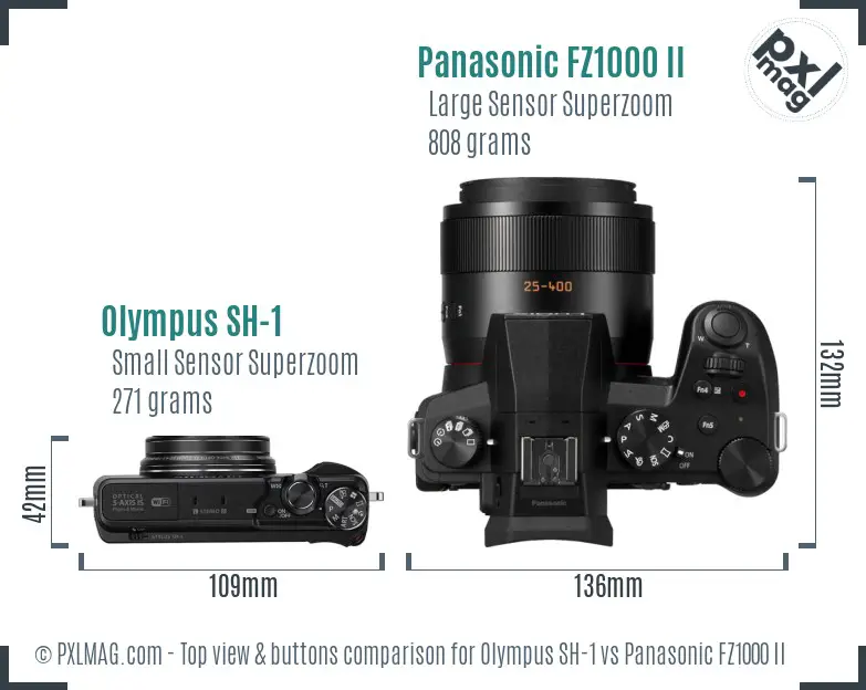 Olympus SH-1 vs Panasonic FZ1000 II top view buttons comparison