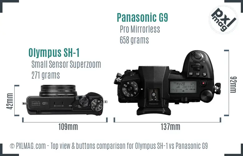 Olympus SH-1 vs Panasonic G9 top view buttons comparison